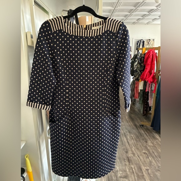 BODEN Women’s Justine Polka Dot Stripe Quilted Jacquard Sheath Dress size 8L - Picture 1 of 4